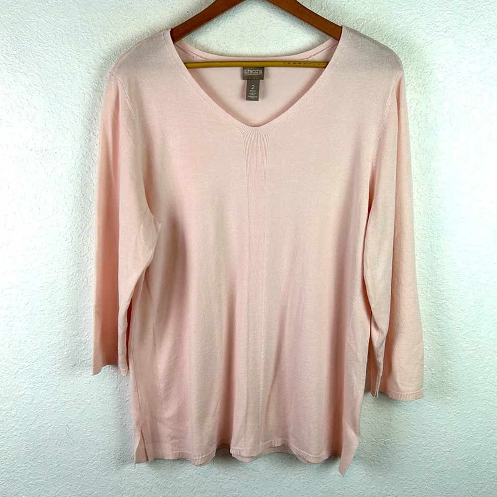 Perfect Chico’s v-neck lightweight 3/4 sleeve baby pink sweater 2 large - Picture 1 of 6